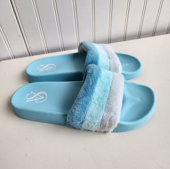 Victorias Secret Slides Sandals Aqua Blue Stripe Fur Fuzzy Slip Open Toe L 9/ 10 - Picture 1 of 7